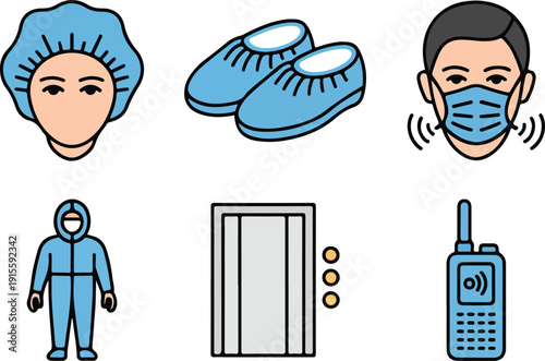Biohazard protection and communication icons depicting sterile clothing for cleanroom environment and research.