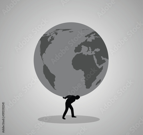 Black and White Business Man Silhouette Carrying a Planet. People and the weight of responsibilities at work