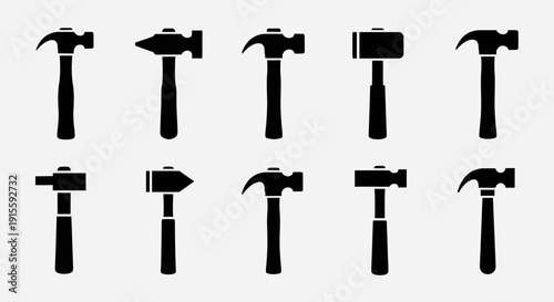 Hammer icon set featuring multiple hammer styles and angles. 