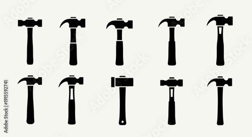 Hammer icon set featuring multiple hammer styles and angles. 