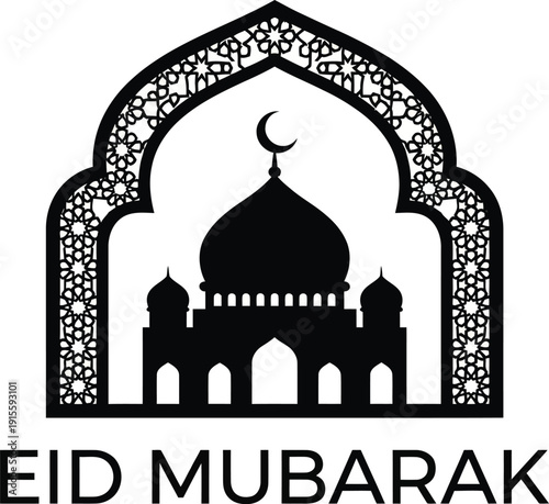Eid Mubarak Typography with Islamic Arch and Mosque Vector