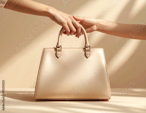 A woman is holding a purse in her hand. The purse is tan and has a gold handle