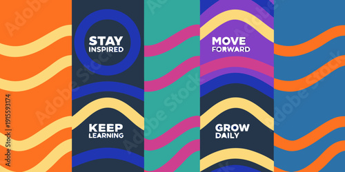 Abstract colorful design featuring motivational words and wavy shapes
