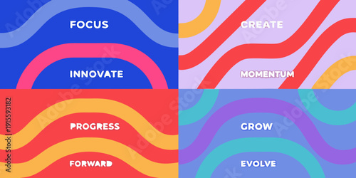 Colorful grid with motivational words and abstract wave designs