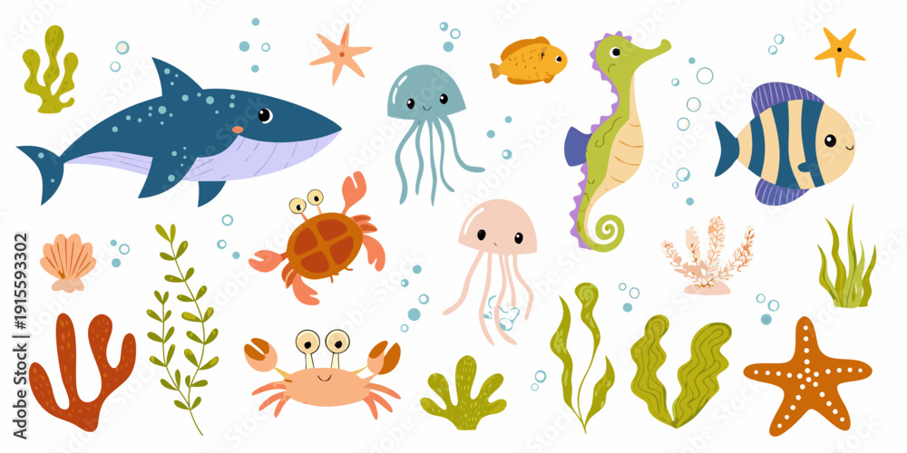 Fototapeta premium Colorful cartoon illustration of various underwater marine life