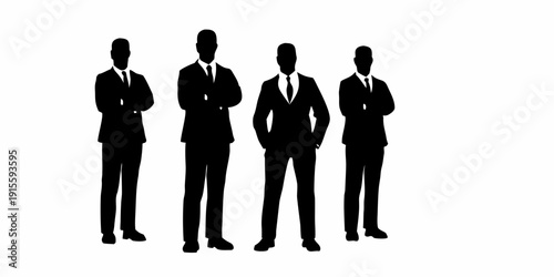 Silhouettes of four businessmen in suits standing in a row