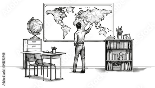 Teacher pointing at world map in classroom setting