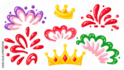Fényképezés Colorful cartoon crowns and heart shapes with playful decorative flourishes