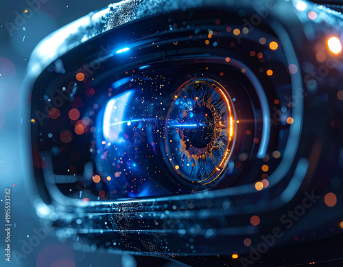 A close up of a pair of eyes with a blue iris. The iris is surrounded by a blurry background