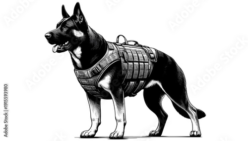 German Shepherd standing wearing tactical vest on white background