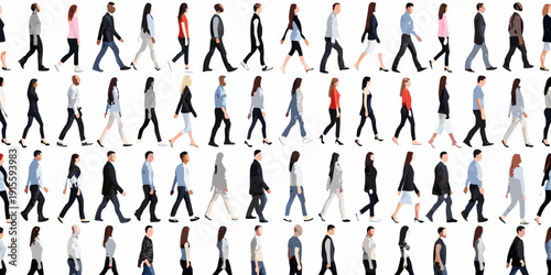 A diverse group of people walking in various outfits and poses