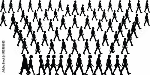 A large crowd of silhouetted figures walking in a unified direction