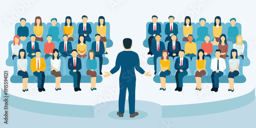 A business professional delivers a presentation to a seated audience