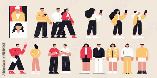 Diverse group of people using smartphones in a modern flat illustration