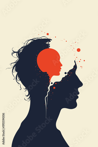 Profile silhouette of head containing inner child face with  paint splatter flowing out, symbolizing trauma, inner voice, childhood memories therapy