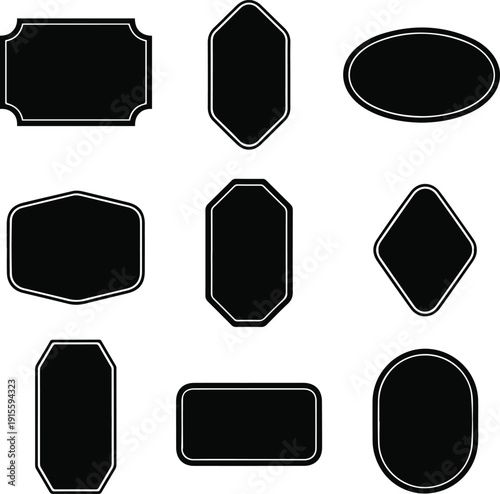 Nine black decorative frames and labels on white background Keywords: frame, label, badge