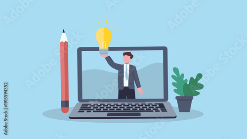 A man presenting a glowing lightbulb emerging from a laptop screen