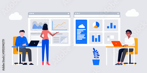Team collaborating on data analysis and cloud computing solutions in office