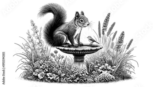 Squirrel drinking water in garden illustration