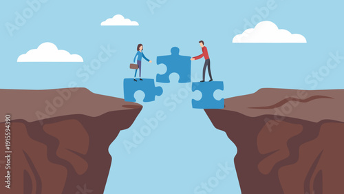People connecting puzzle pieces to bridge a gap between two cliffs