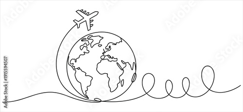 Airplane flying around the Earth globe, minimalist continuous line art, travel concept