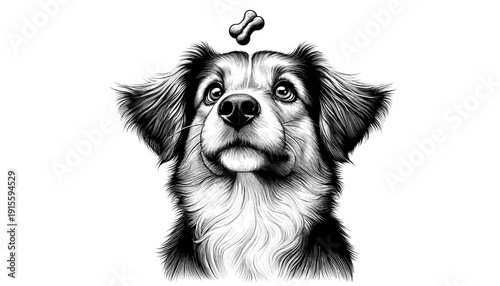 Black and white dog balancing bone on head