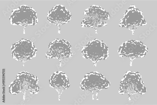 Set of twelve gray minimalist tree silhouettes with soft textured highlights for architectural site plans and landscape mapping.