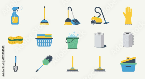 Collection of Various Cleaning Supplies and Tools.