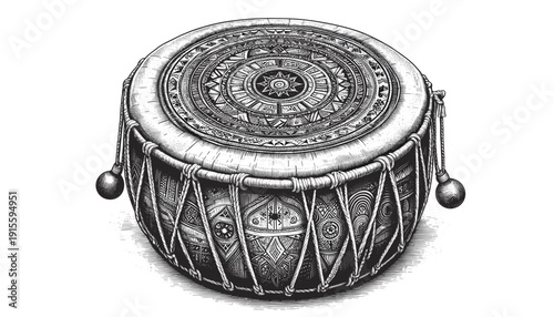 Intricate drum in black-and-white style for historical art