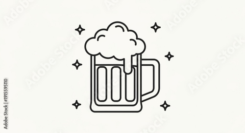Outline illustration of a frothy beer mug simple line art design for beverage concepts isolated on a clean white background