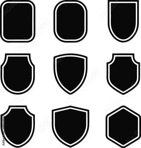 Nine black shield and rounded shapes on white background Keywords: frame, label, badge, border