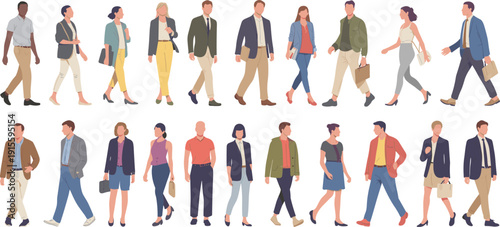 Business people walking character set vector illustration, diverse men and women professionals in smart casual office outfits isolated on white background