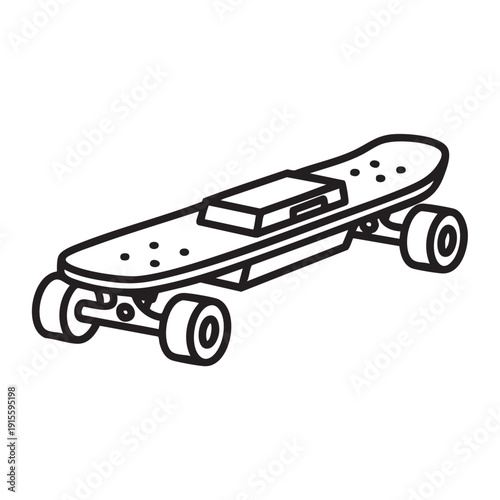 A black and white illustration of a skateboard on a transparent background viewed from the side