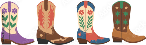 Colorful western cowboy boots vector illustration set, decorative floral and star patterns, isolated on white background, country fashion footwear clipart collection