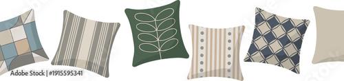Decorative throw pillows collection vector illustration, modern patterned cushions isolated on white background home decor textile design set