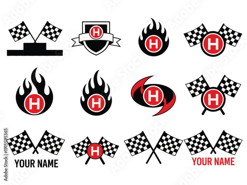 set of racing inspired logos featuring checkered flags flames shield and letter h icon variations on transparent