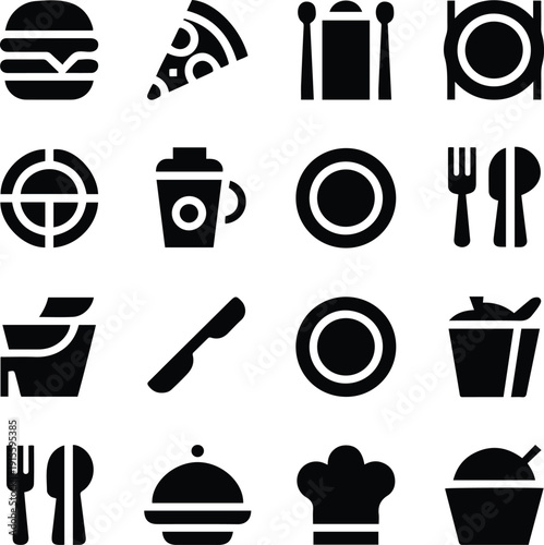 Kitchen and food icons set with cooking tools, drinks, and restaurant symbols in black vector style