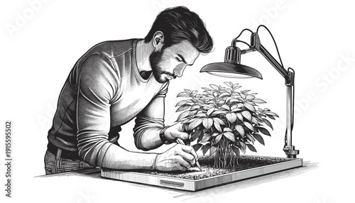 Man examining plant under lamp on table