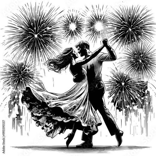 Couple dancing against fireworks
