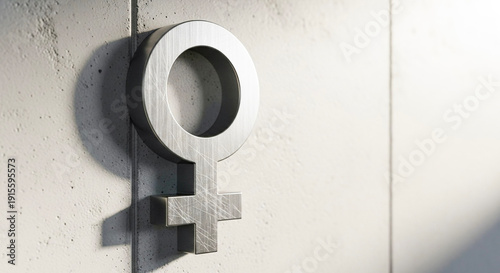 Female gender symbol made of metal on textured gray wall  