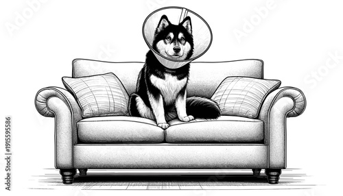 Husky wearing cone sitting on sofa