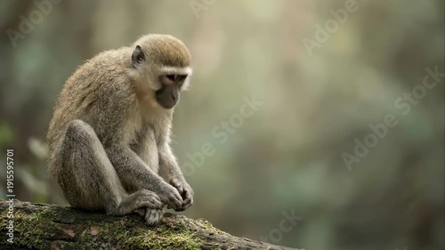 Monkey holding and tasting food while sitting on mossy log in forest, wildlife video