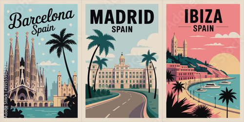 Madrid Spain Ibiza Coastal Poster, Spanish city and coastal landmarks, retro travel illustration, scenic panels
