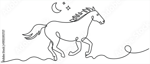 Continuous Line Drawing of a Horse Running Under the Moon and Stars