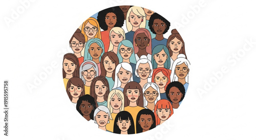Diverse group of womens faces in a circle representing unity and equality perfect for concepts of diversity feminism and community