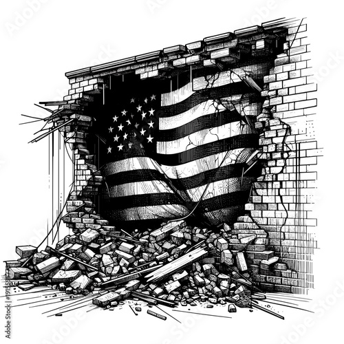 Tattered flag through rubble in black and white drawing symbolizing destruction