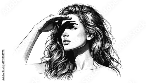 Woman shielding eyes looking forward against white backdrop
