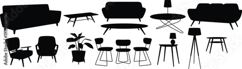 Modern furniture silhouettes vector set, sofa, armchairs, tables, lamps and home decor elements isolated on white background interior design collection
