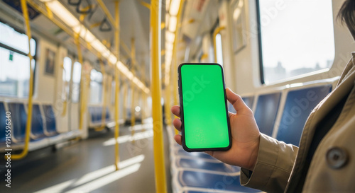 Wallpaper Mural Person holding smartphone with green screen in subway train Torontodigital.ca