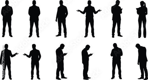 Collection of 10 black silhouettes of men in various poses